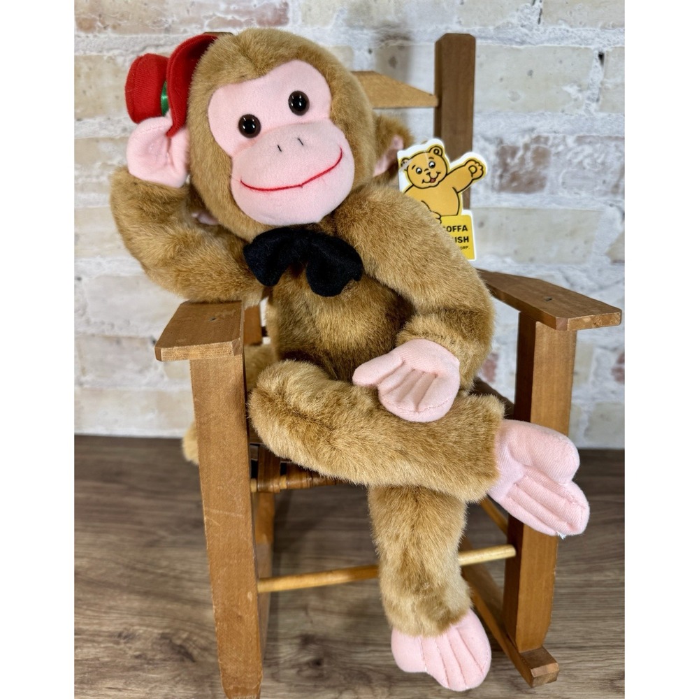 Vintage Monkey Plush Sitting Red Hat Black Bow Chimp Hang Tag Goffa Retro 1980s